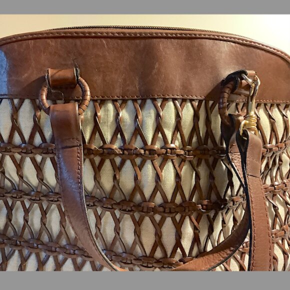 Talbots brown & cream leather and canvas bag - with detachable shoulder strap - Picture 10 of 15